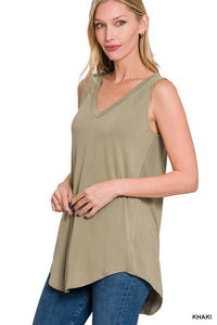 LUXE RAYON SLEEVELESS V-NECK HI-LOW HEM TOP