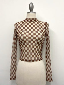 Brown Checkard Mesh Top