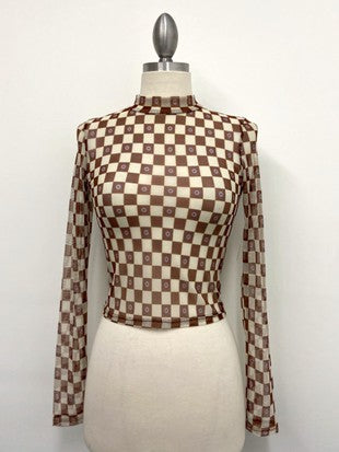 Brown Checkard Mesh Top