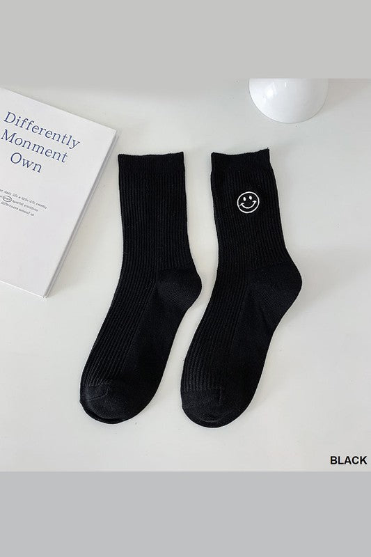 Embroidered Smiley Face Socks | Black