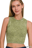 Stone Washed Ribbed Seamless Crop Top with Padded Bra | Ash Olive