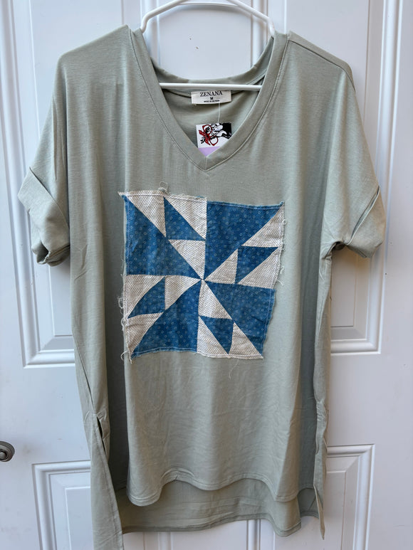 Vintage Quilt Square V-neck Shirt -Med