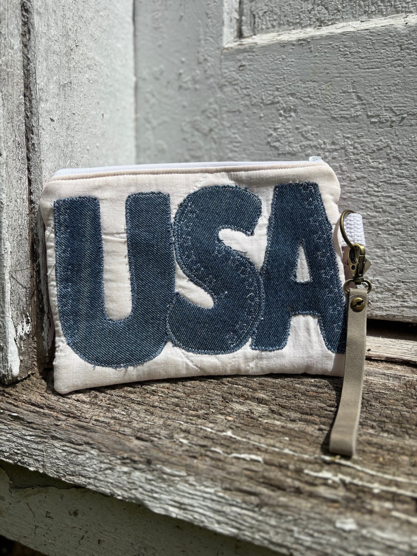 USA Denim Applique Quilted Wristlet Pouch