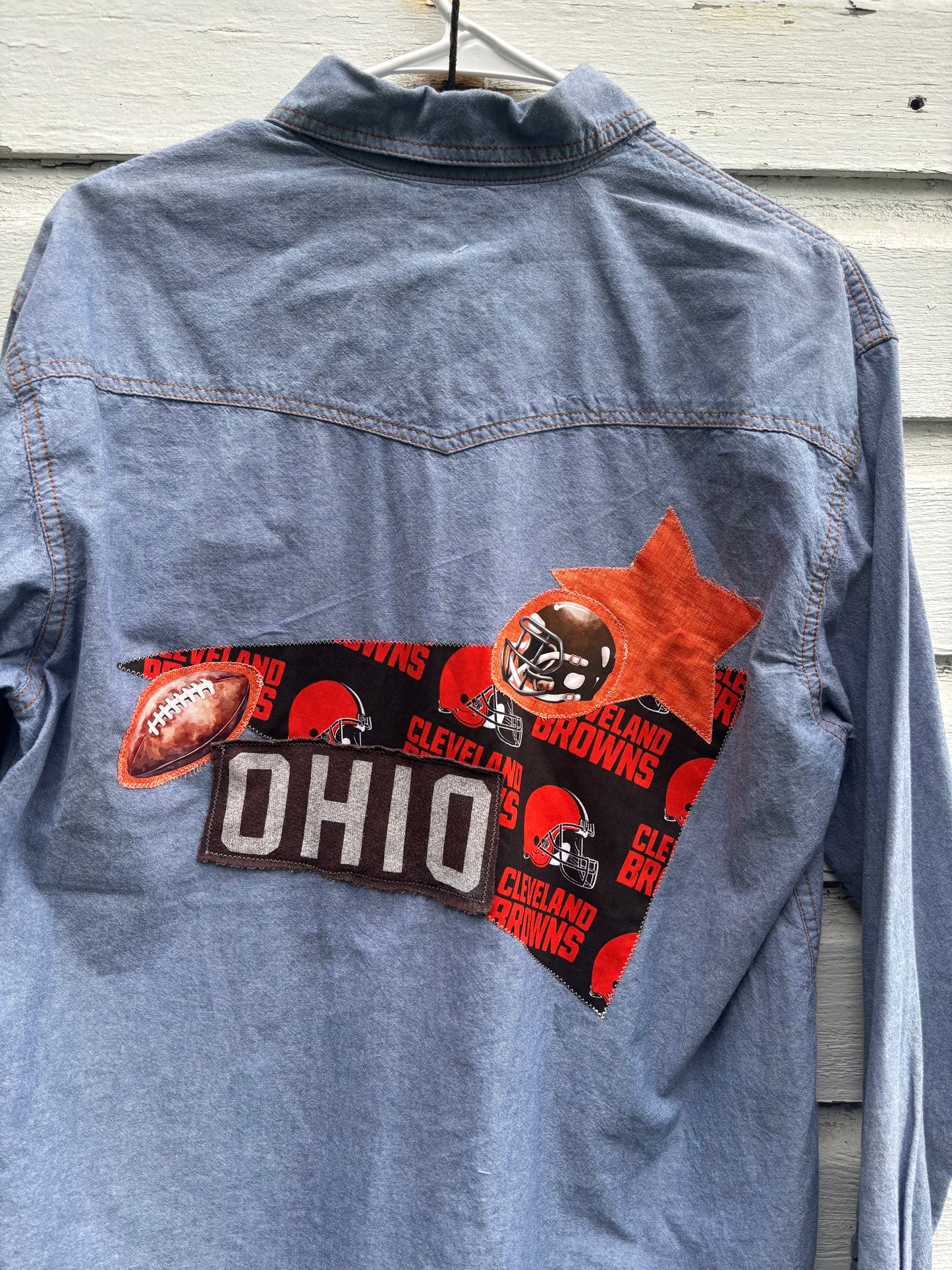 Upcycled Blue Denim Pearl Snap Shirt – Custom Cleveland Browns Patchwork - Medium