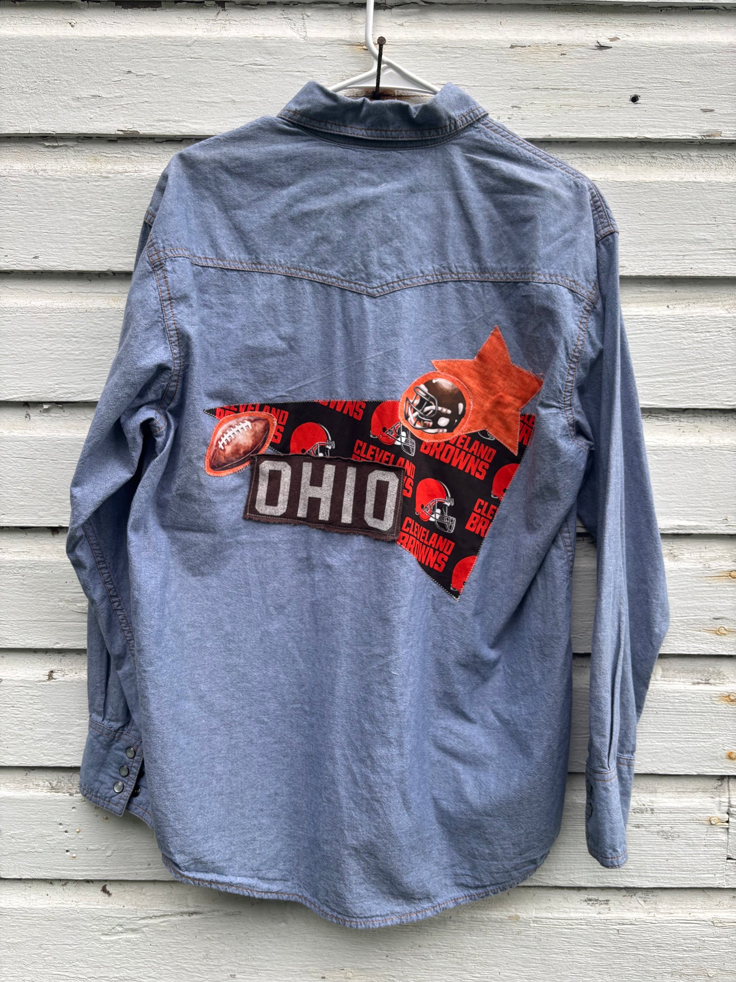 Upcycled Blue Denim Pearl Snap Shirt – Custom Cleveland Browns Patchwork - Medium