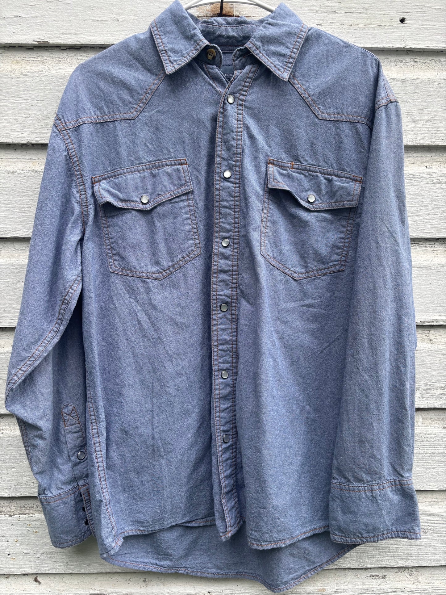 Upcycled Blue Denim Pearl Snap Shirt – Custom Cleveland Browns Patchwork - Medium